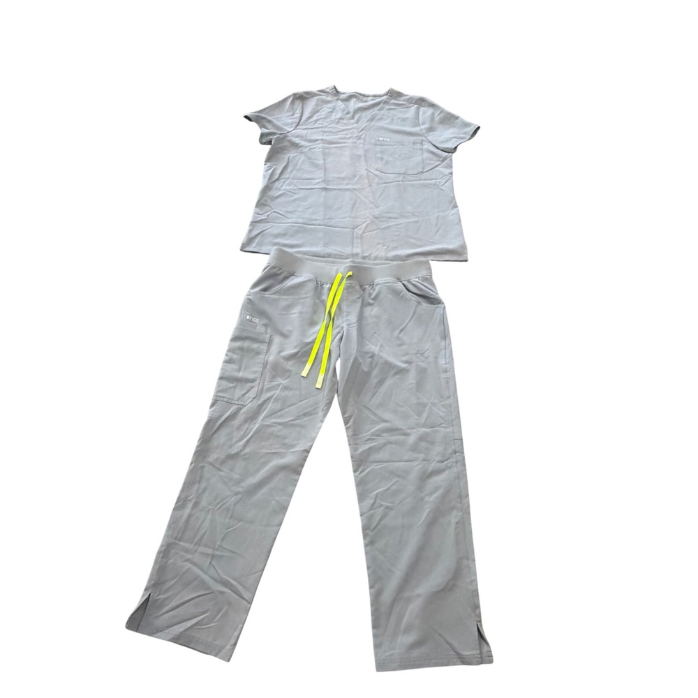 Figs Scrub Set Grey Neon Yellow XXL Petite Top Cargo Pants Nurse read descrption